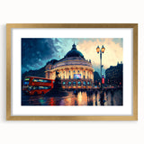 Abstract art print of Piccadilly, England in gold frame with mat, ideal for dining room decor.