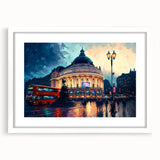 Textured abstract art print of Piccadilly, England in muted earth tones on a framed white mat, suitable for bedroom decor.