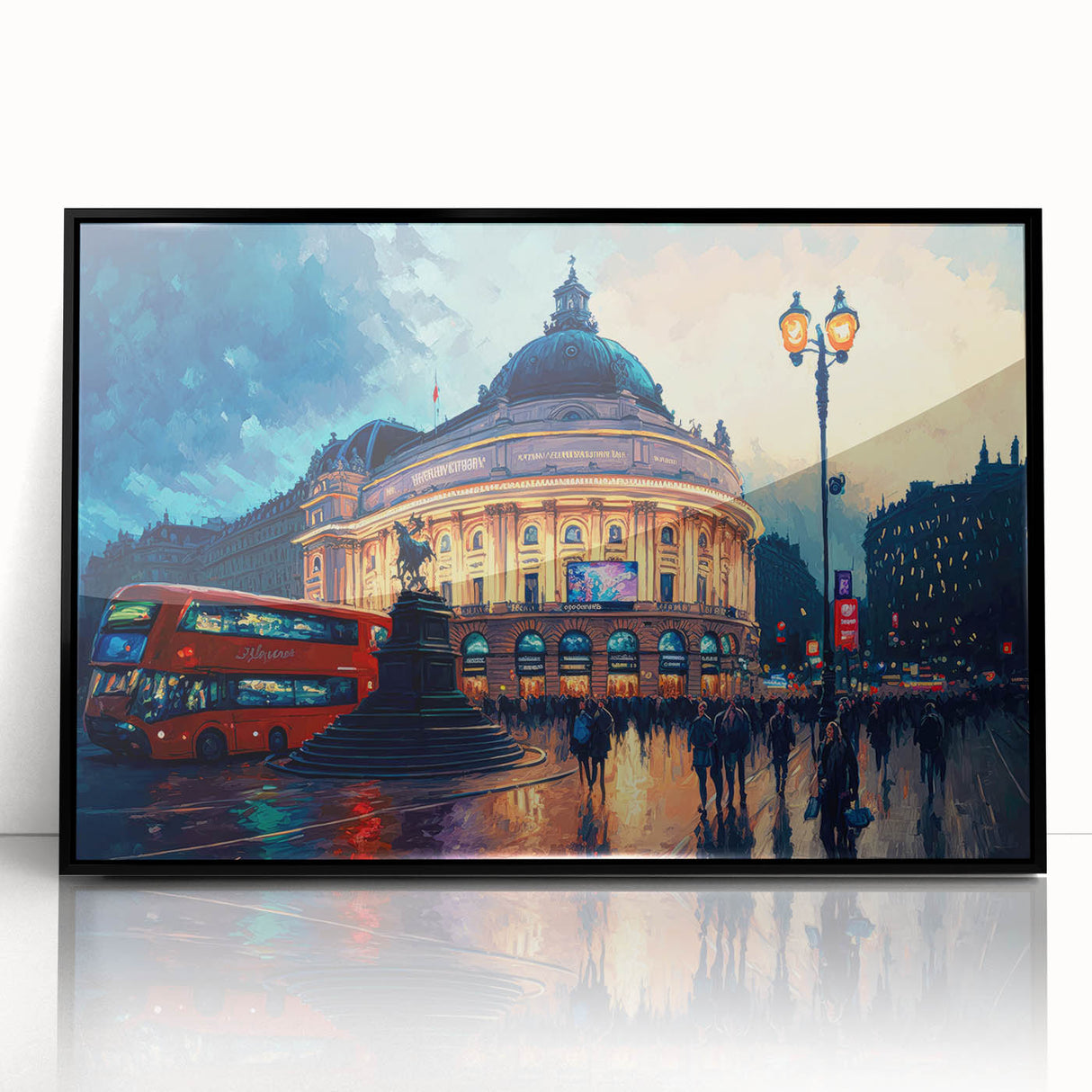 Large abstract wall art depicting Piccadilly, England in muted gray tones on a framed acrylic.