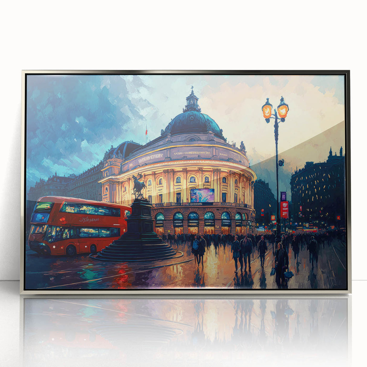 Large art print depicting Piccadilly, England in mid-century modernist style with muted colors, framed in silver acrylic.