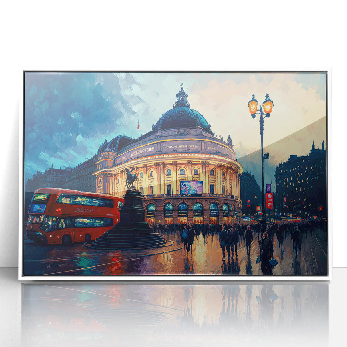 Mid-century modernist art depicting Piccadilly, England in muted colors on a framed acrylic, ideal for nursery wall art.