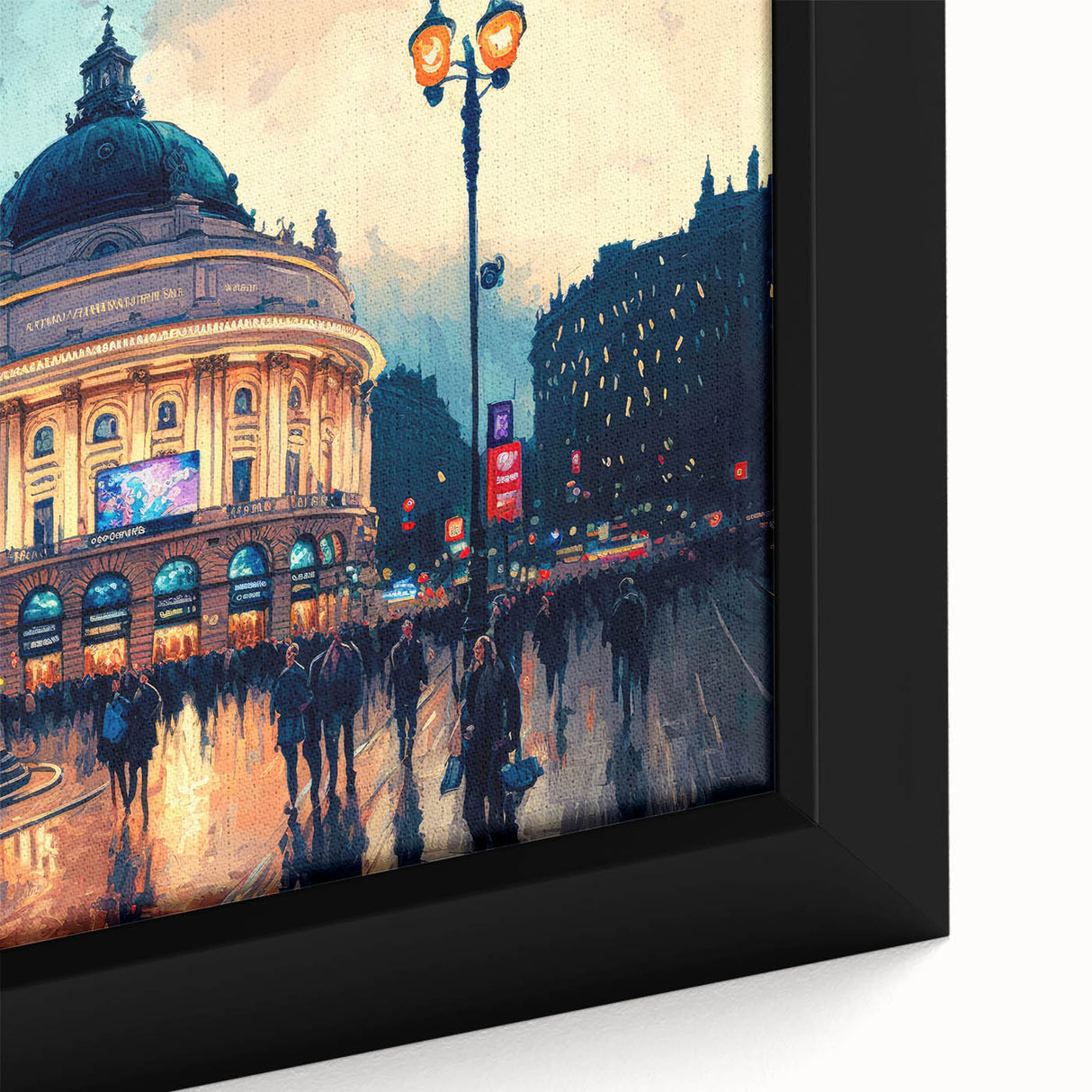 Extra large framed canvas featuring a textured depiction of Piccadilly, England in vibrant colors.