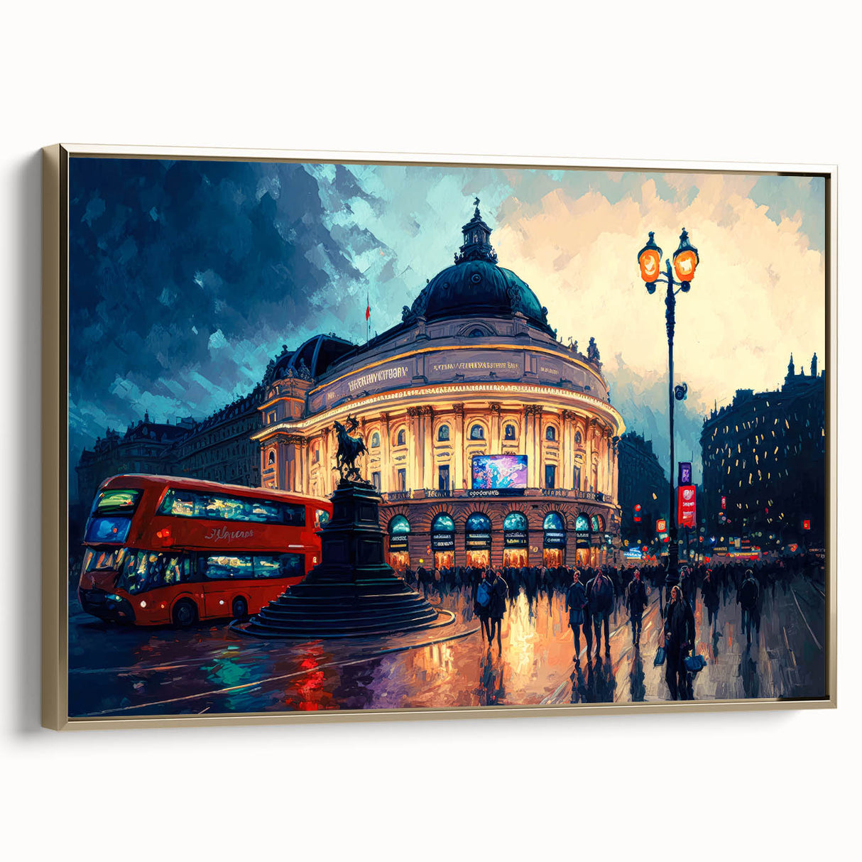 Framed canvas depicting a vintage-style landscape of Piccadilly, England in black and gold tones, ideal for bedroom decor.