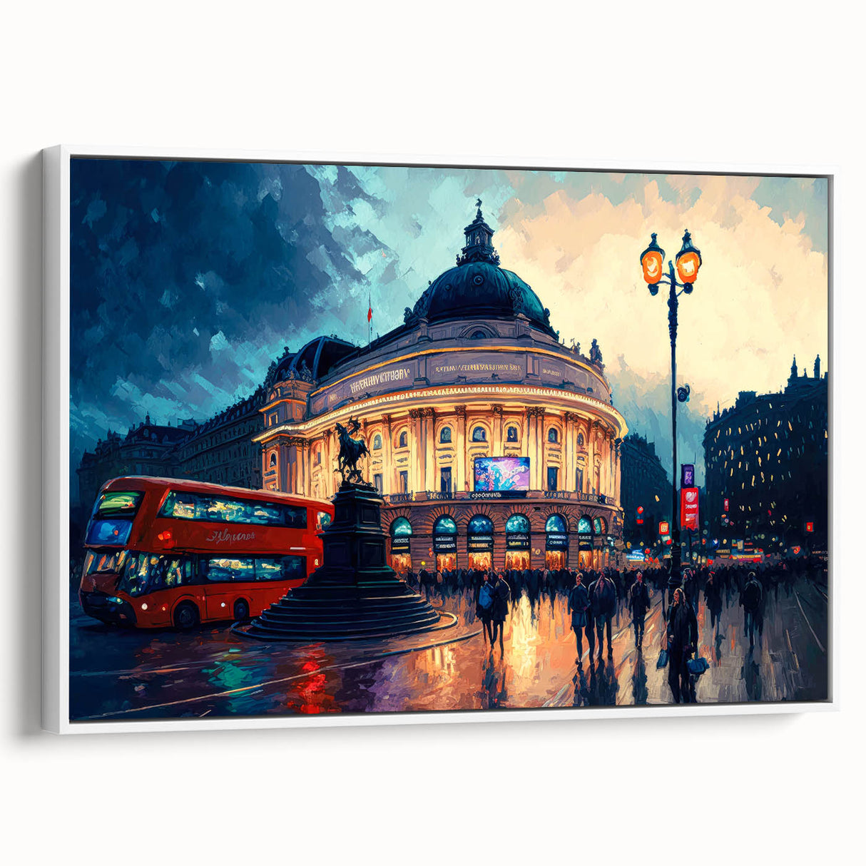 Vintage poster art of Piccadilly, England with colorful details on a large framed canvas, ideal for living room decor.