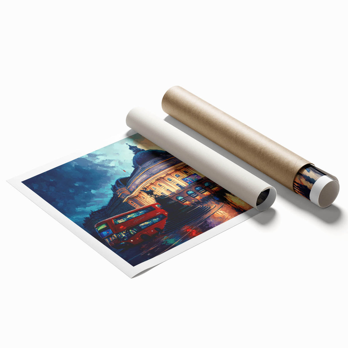 Extra large rolled print of Piccadilly, England, featuring muted floral art, ideal for classy bathroom wall art.