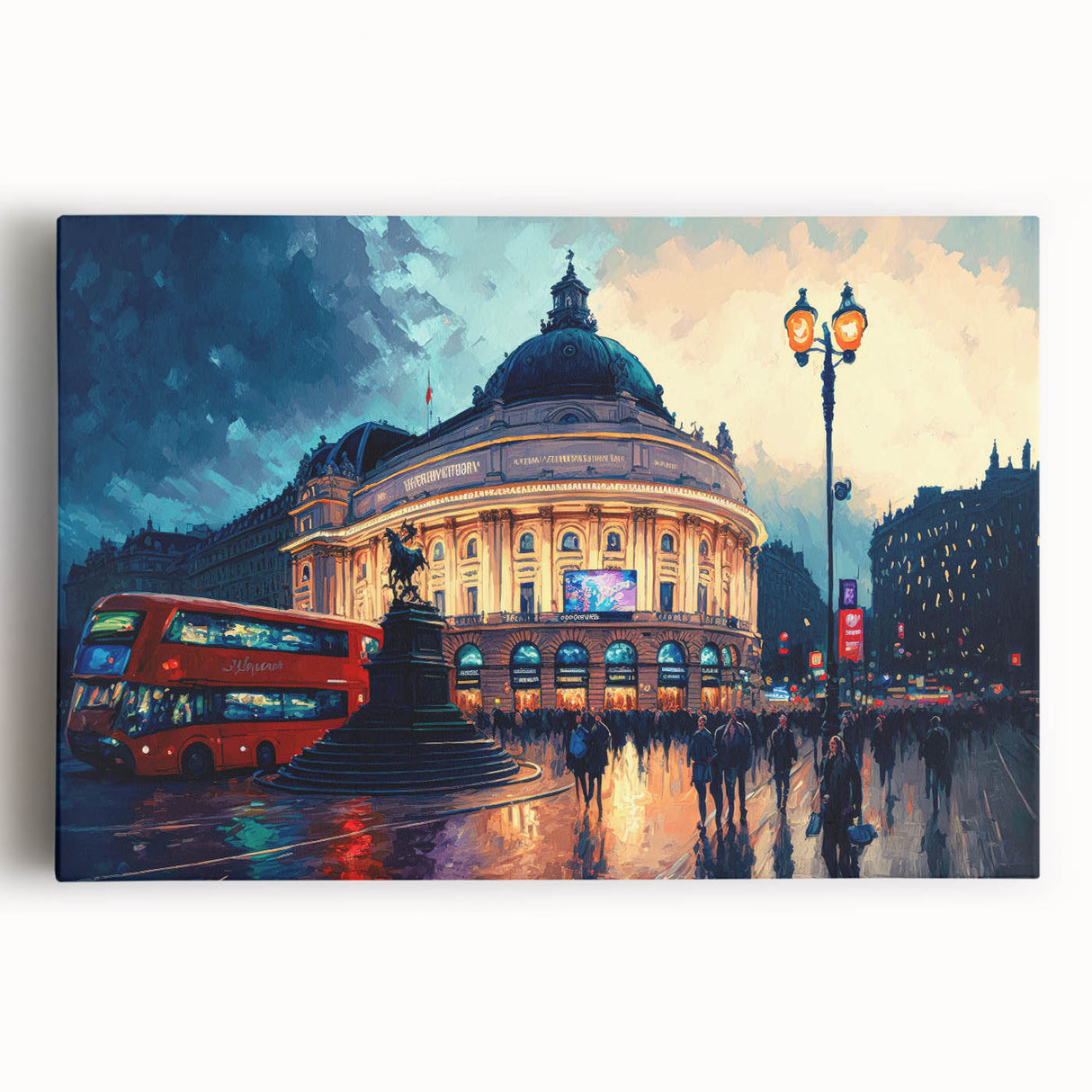 Black and white stretched canvas of Piccadilly Circus, London, in a minimalist style, ideal for kitchen wall art.
