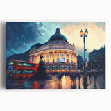 Black and white stretched canvas of Piccadilly Circus, London, in a minimalist style, ideal for kitchen wall art.