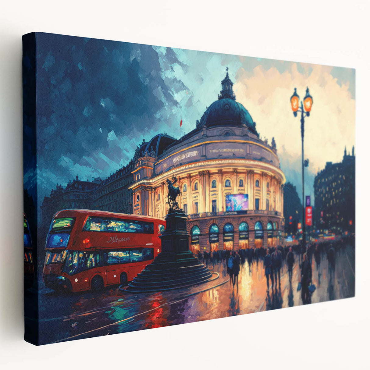 Piccadilly Circus scene in muted colors on stretched canvas, suitable for kitchen wall art.