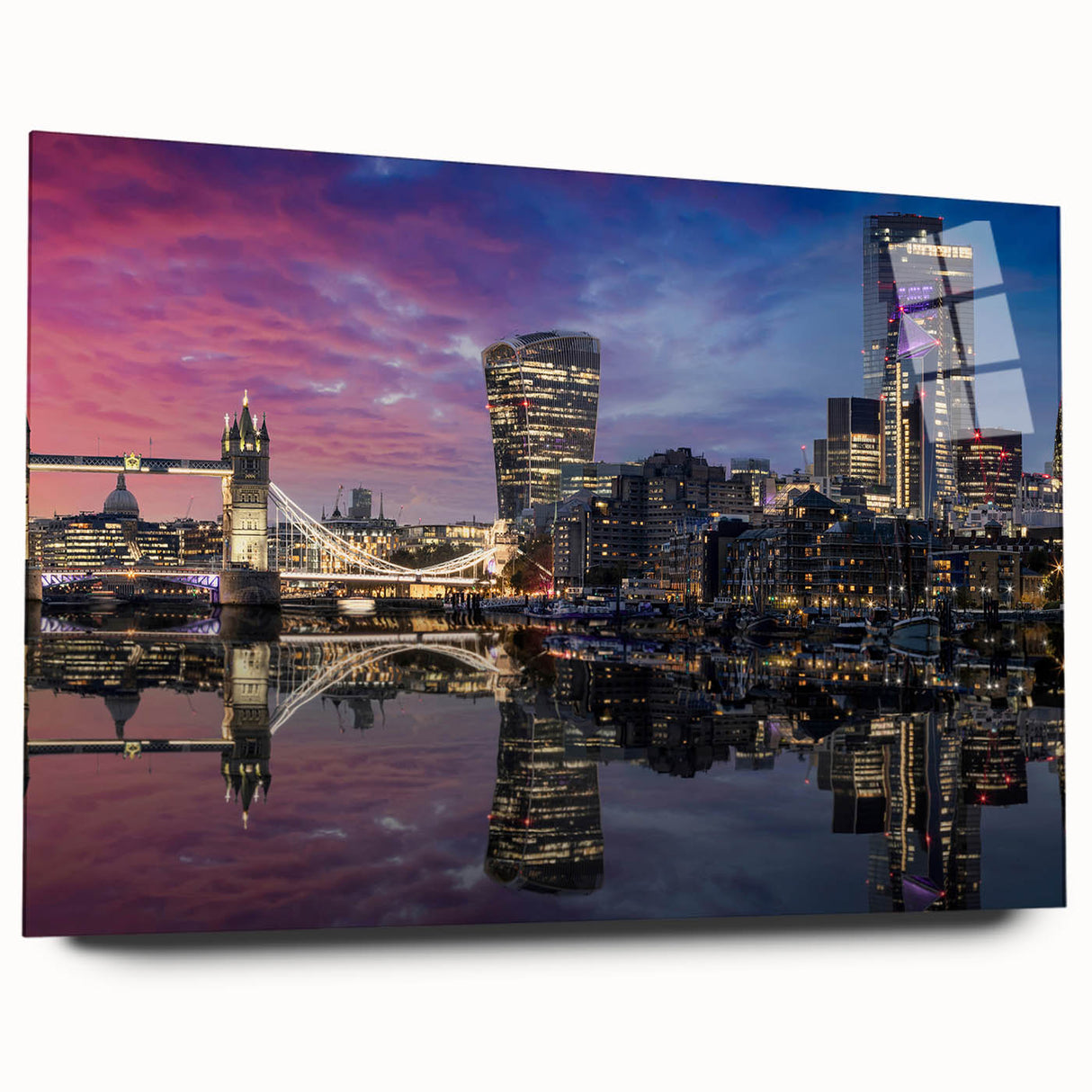 Large abstract depiction of the Thames River in England on acrylic glass, with muted blue and gray tones.