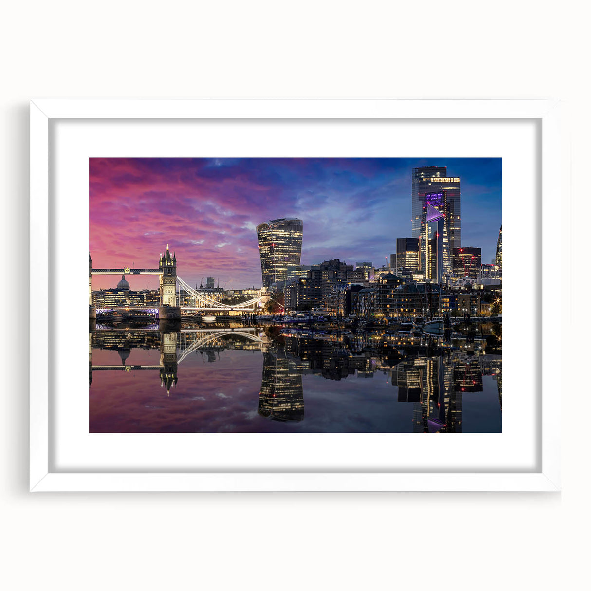 Textured art print of the Thames River in muted grays and blues, framed with a white mat, suitable for bedroom decor.