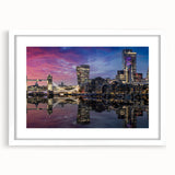 Textured art print of the Thames River in muted grays and blues, framed with a white mat, suitable for bedroom decor.