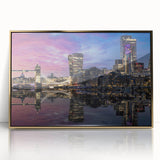 Art deco poster of the Thames River in England, featuring muted gold tones on a framed acrylic.