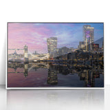 Mid-century modernist art depicting the Thames River with muted blue tones on a framed acrylic, ideal for nursery wall art.