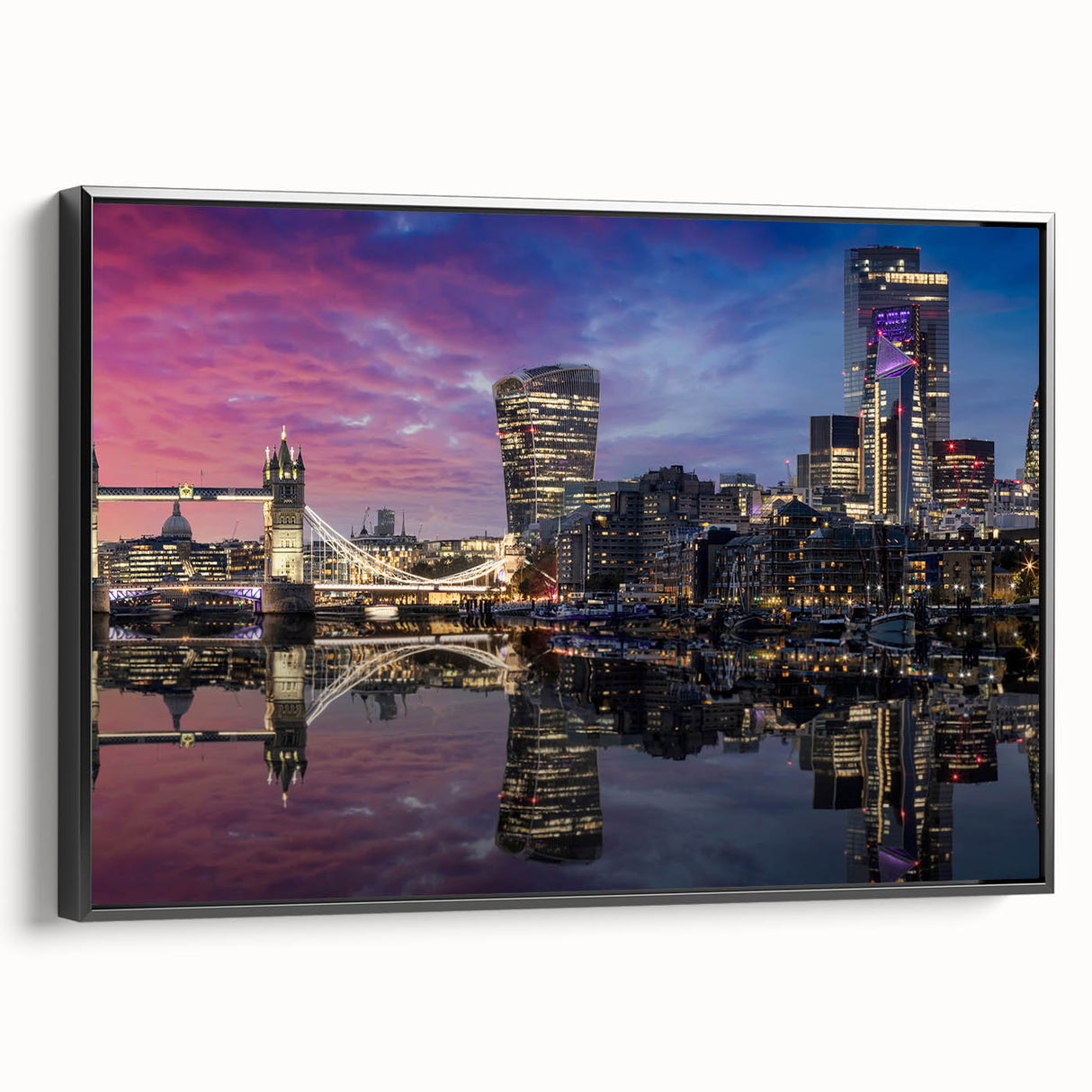Black and white framed canvas of the Thames River landscape, ideal for bedroom wall decor.