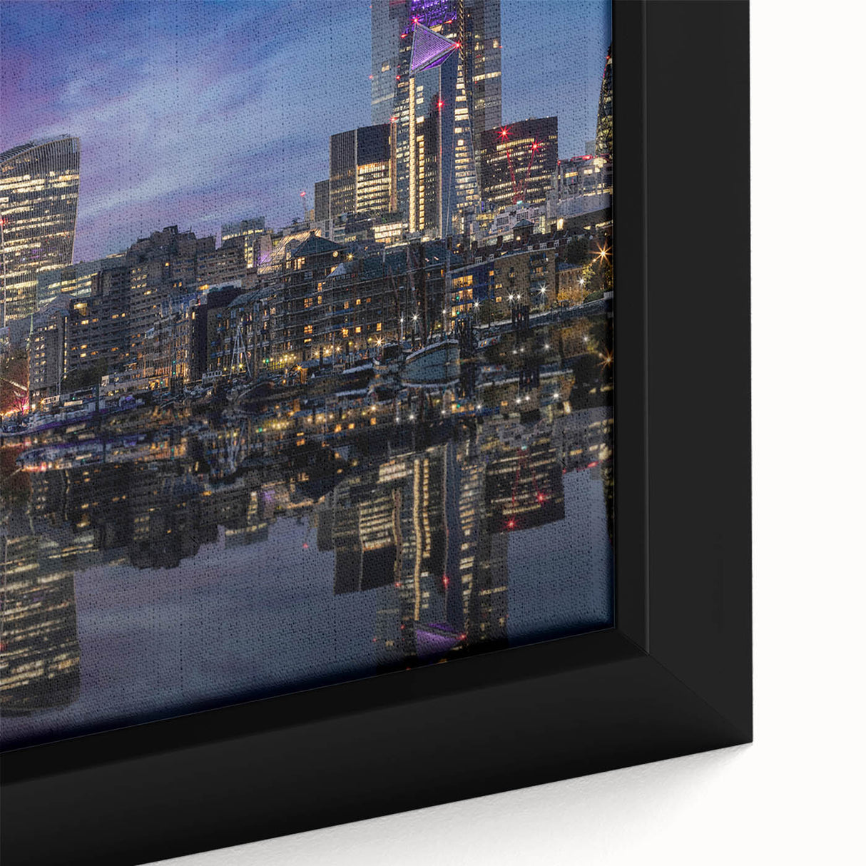 Black wall art featuring a textured depiction of the Thames River in vibrant colors on a framed canvas.