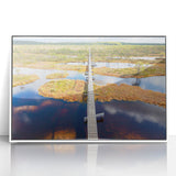 Mid-century modernist art of a European Estonian landscape in muted earth tones on a framed acrylic.