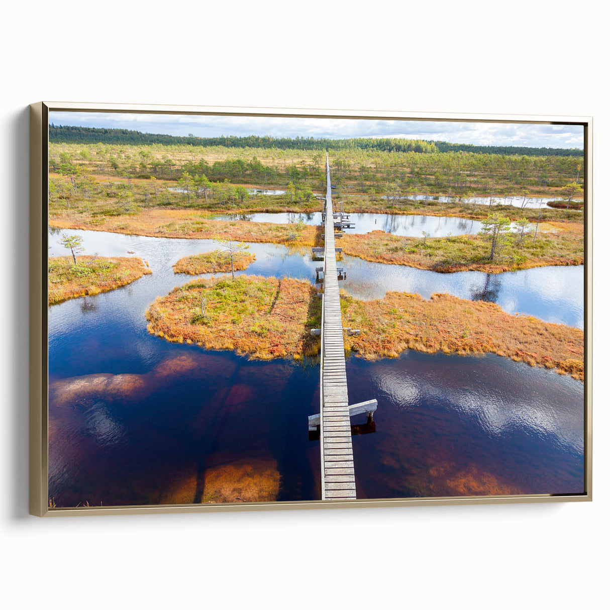 Framed canvas wall art depicting a vintage-style Estonian landscape with muted earth tones, ideal for bedroom decor.