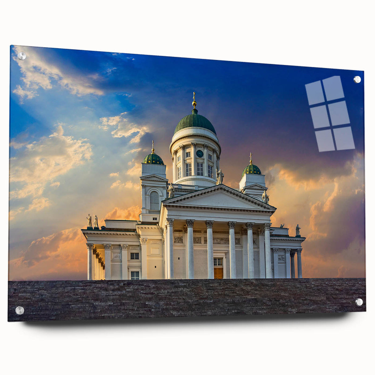 Large abstract wall art depicting a serene Finnish landscape in muted blue and green tones on acrylic glass.