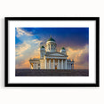 Extra large abstract art print of a colorful Finnish landscape, textured on a framed black mat.