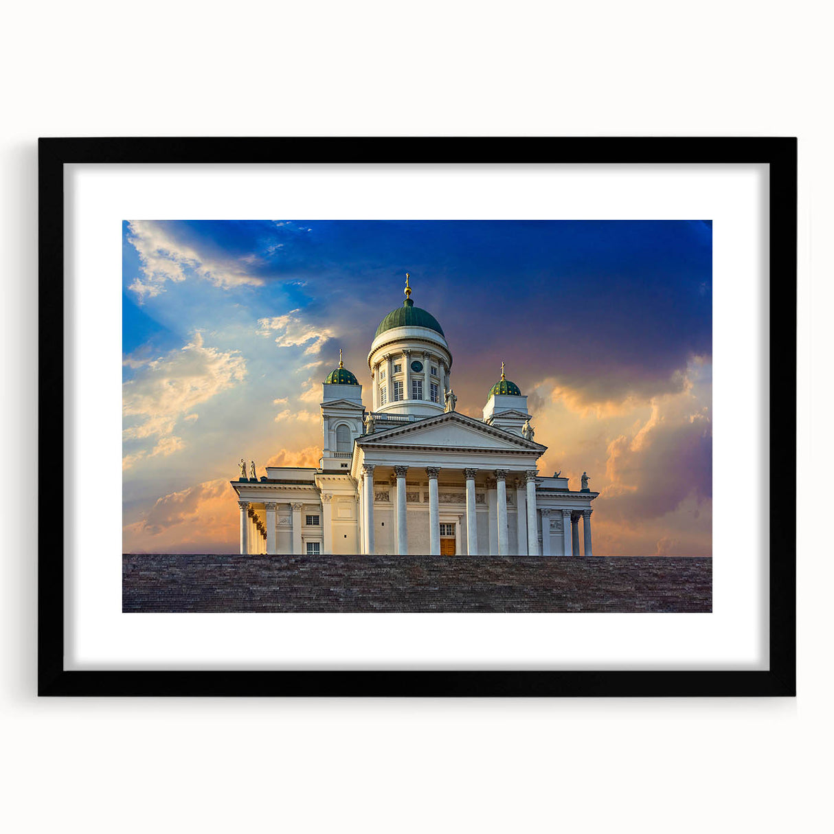 Extra large abstract art print of a colorful Finnish landscape, textured on a framed black mat.