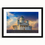 Extra large abstract art print of a colorful Finnish landscape, textured on a framed black mat.