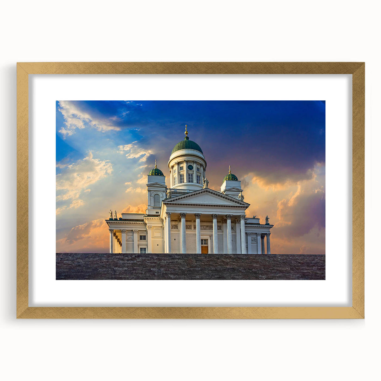 Abstract art print of a serene Finnish landscape in muted blue and gray tones on a framed canvas.