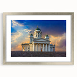 Extra large abstract art print of a Finnish landscape in muted earth tones on a textured canvas, framed in silver.