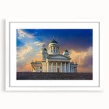 Textured abstract art print of a serene Finnish landscape in muted earth tones, framed with a white mat.