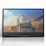 Large abstract wall art featuring a serene Finnish landscape in muted gray and blue tones, framed in black acrylic.