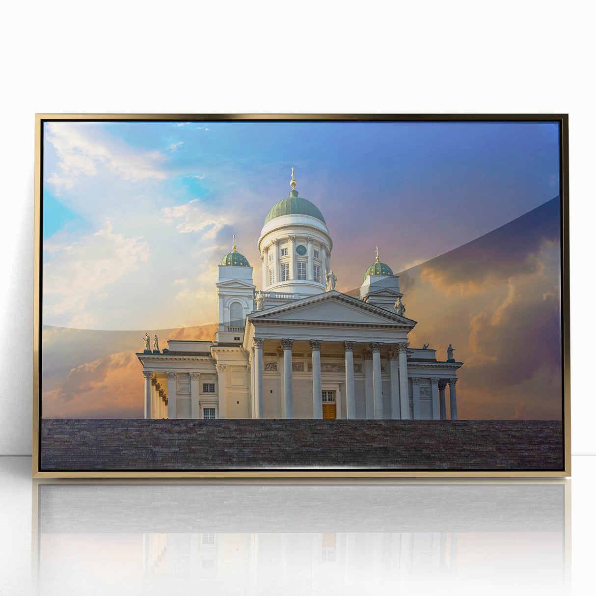 Art Deco style poster of a European Finland scenery in gold and black tones, acrylic framed.