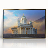 Art Deco style poster of a European Finland scenery in gold and black tones, acrylic framed.