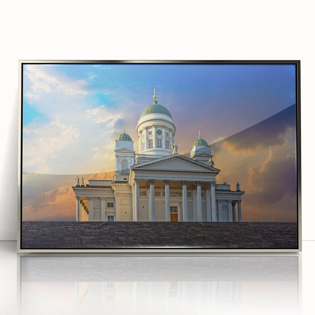 Large art print of a serene Finnish landscape in muted earth tones on a silver-framed acrylic.