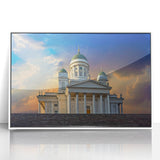 Mid-century modernist art depicting a serene Finnish landscape in muted earth tones on a framed acrylic print.