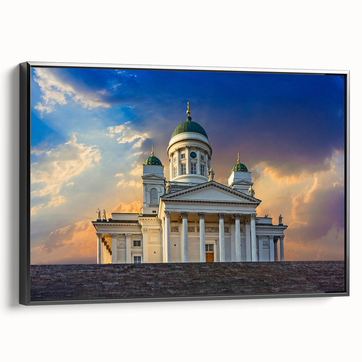 Black and white framed canvas depicting a serene Finnish landscape, ideal for bedroom wall art.