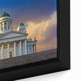 Extra large framed canvas featuring a textured black wall art scene of a Finnish landscape in muted colors.