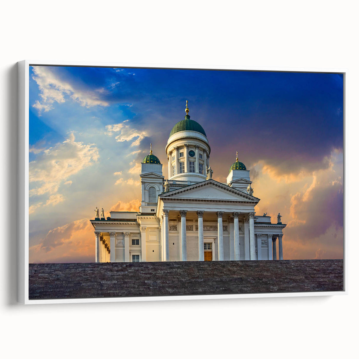 Vintage poster art of a scenic European landscape in Finland, featuring vibrant colors on a framed canvas.
