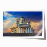Rolled print of a serene Finnish landscape in muted green and blue tones, ideal for dining room wall art.
