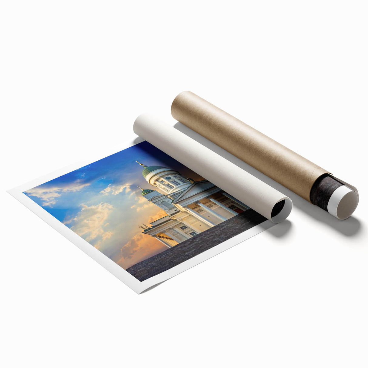 Extra large rolled print of a serene Finnish landscape with soft floral elements, ideal for classy bathroom wall art.