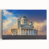 Black and white photograph of a serene Finnish landscape on stretched canvas, ideal for kitchen wall art.