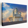 Large art depicting a serene Finland landscape in muted greens and blues on stretched canvas, suitable for kitchen wall art.