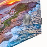 Large abstract wall art depicting a Corsican landscape in muted earth tones on acrylic glass.