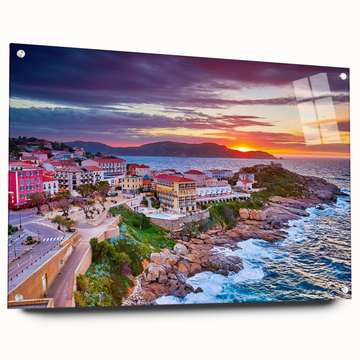 Acrylic print of a Corsican landscape with vivid blue and green tones, suitable for bedroom or dining room decor.