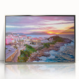 Large art print of a Corsican landscape in muted earth tones on a silver-framed acrylic, ideal for modern art wall decor.