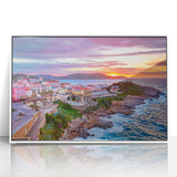 Mid-century modernist art depicting a serene Corsican landscape on a white-framed acrylic, featuring soft pastel colors.