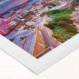 Art deco poster featuring a serene Corsican landscape in muted green and blue tones on rolled canvas.