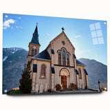 Acrylic print of the French Alps with muted earth tones, ideal for bedroom or dining room decor.