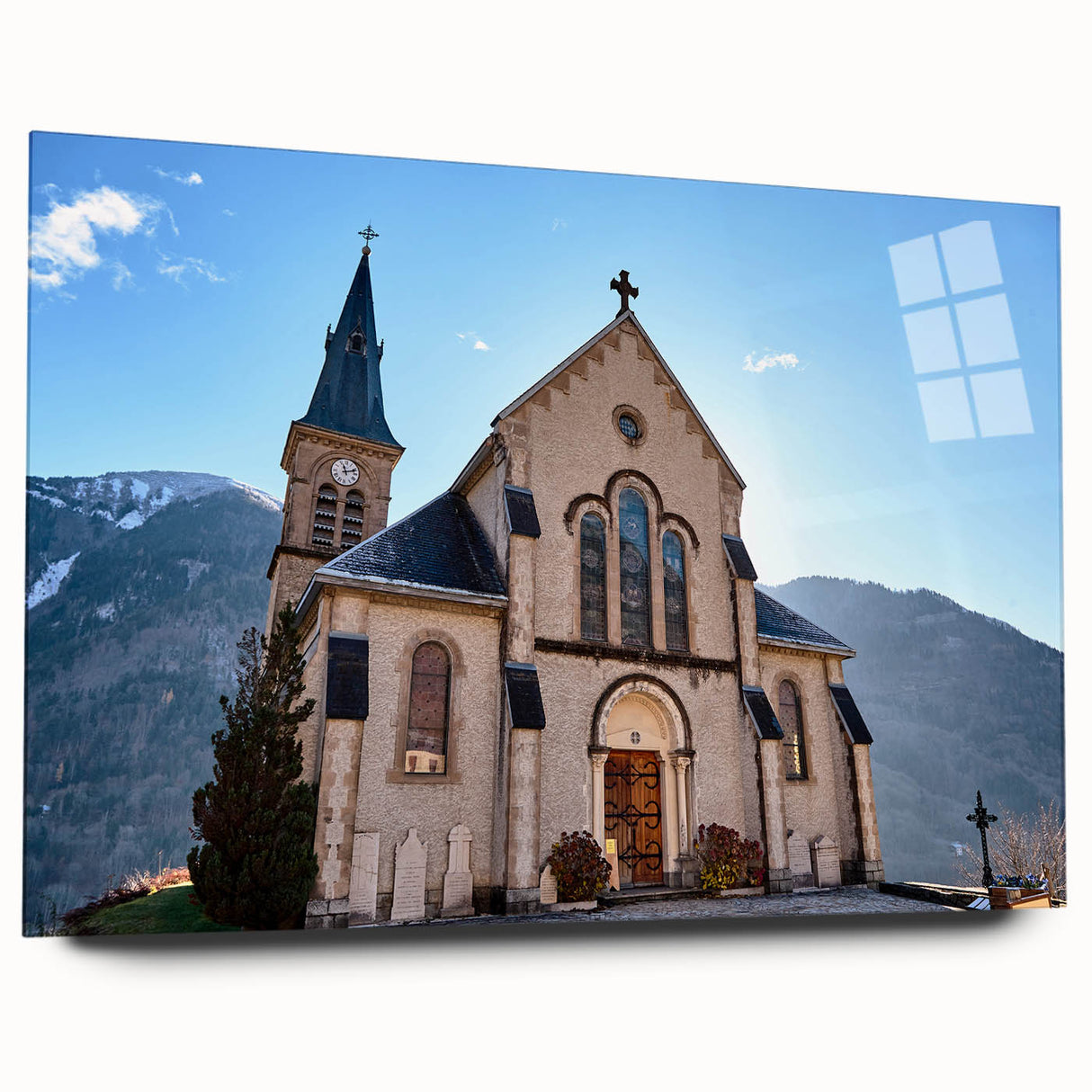 Acrylic print of the French Alps with muted blue and white tones, ideal for bedroom or dining room art.