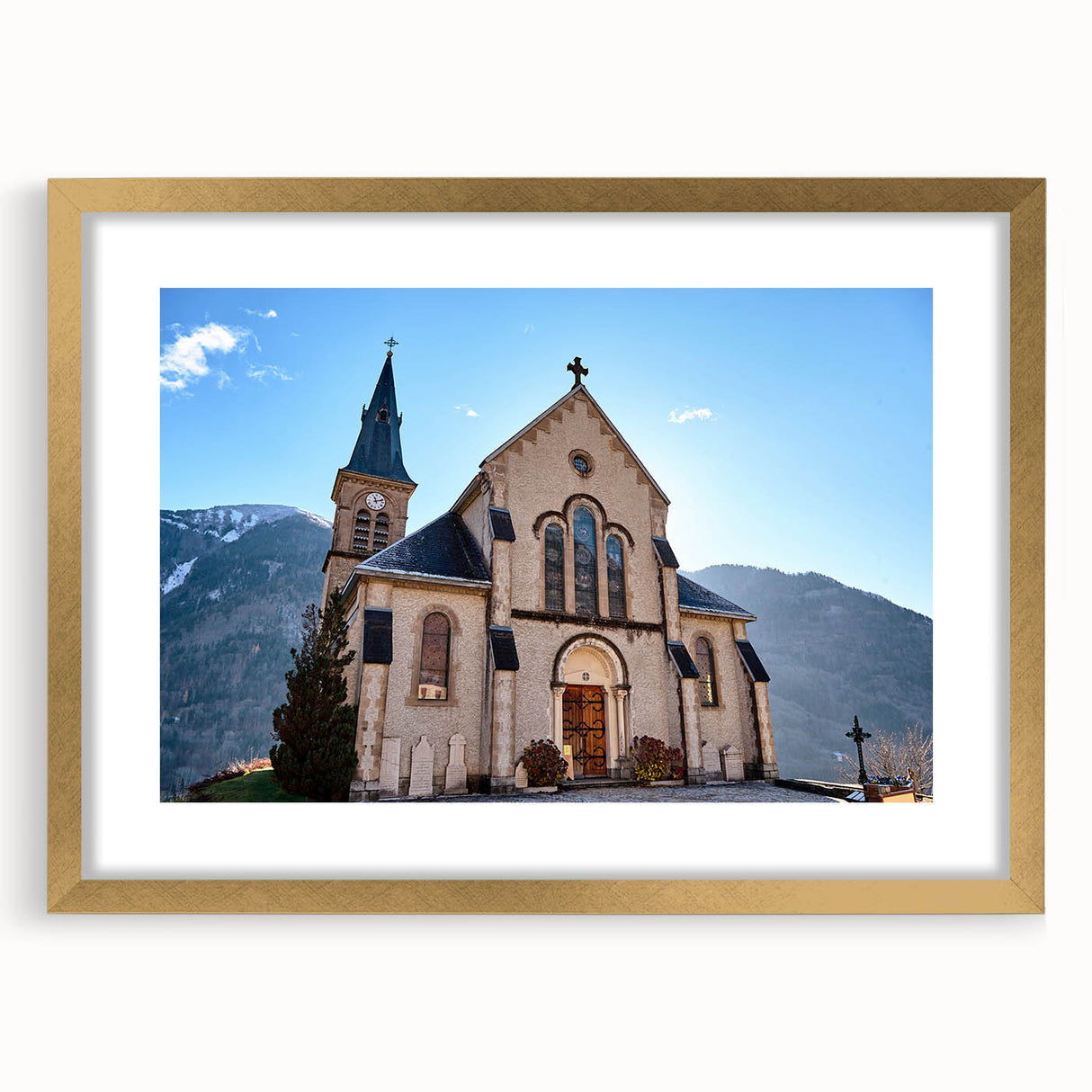 Abstract art print of the French Alps in muted green and blue tones, framed in gold, suitable for dining room decor.