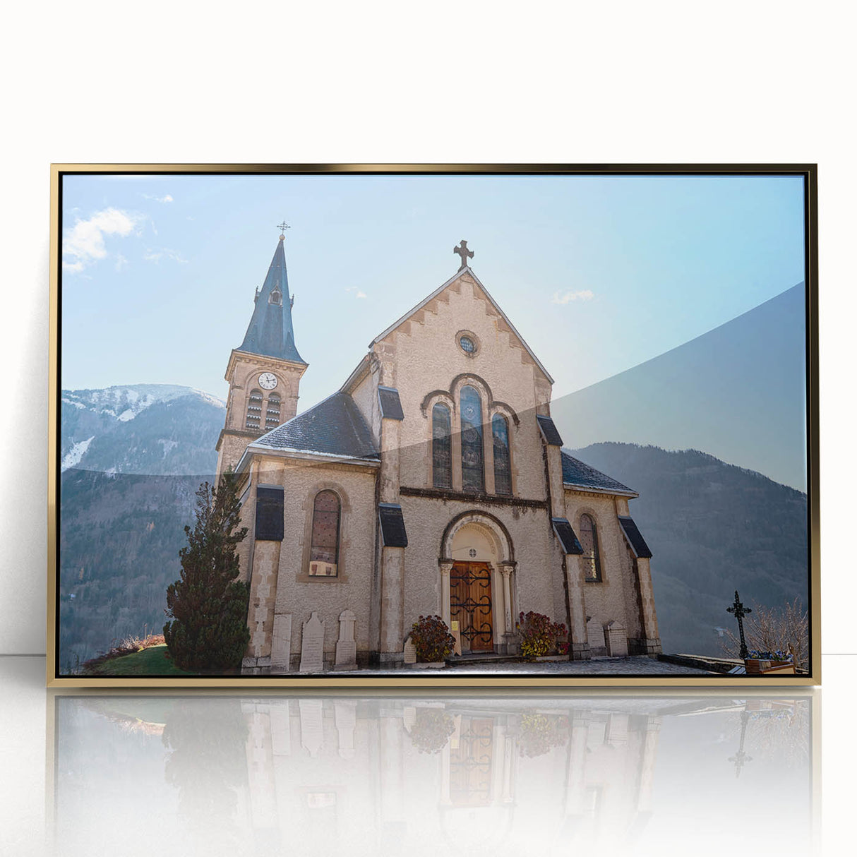 Art deco poster of the French Alps in muted gold tones on a framed acrylic, ideal for modern art wall decor.
