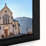 Black wall art depicting the French Alps in textured, colorful art on a large framed canvas, suitable for living room decor.